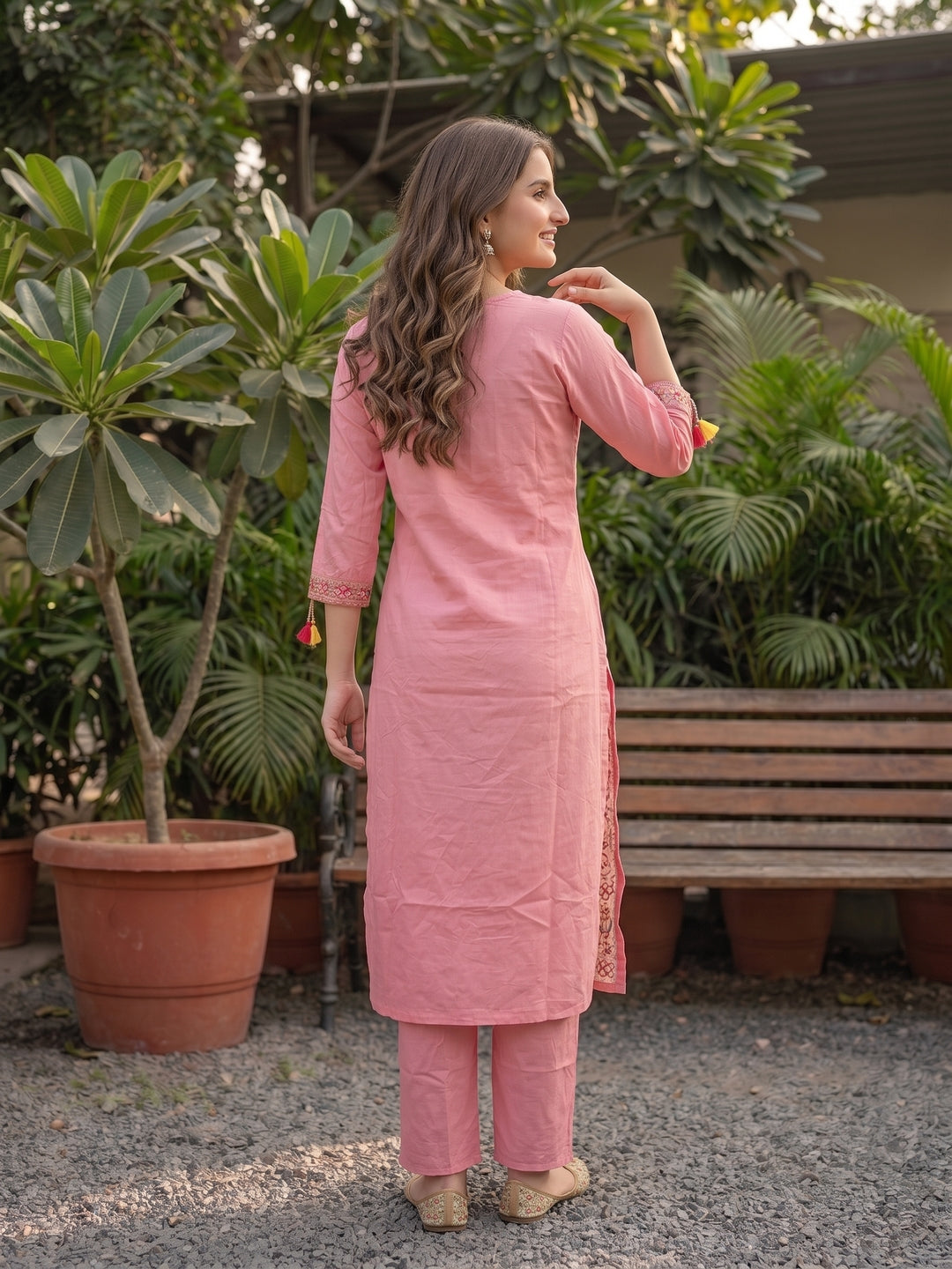 Solid Floral Embroidered Straight Kurta with Palazzo & Dupatta - Pink