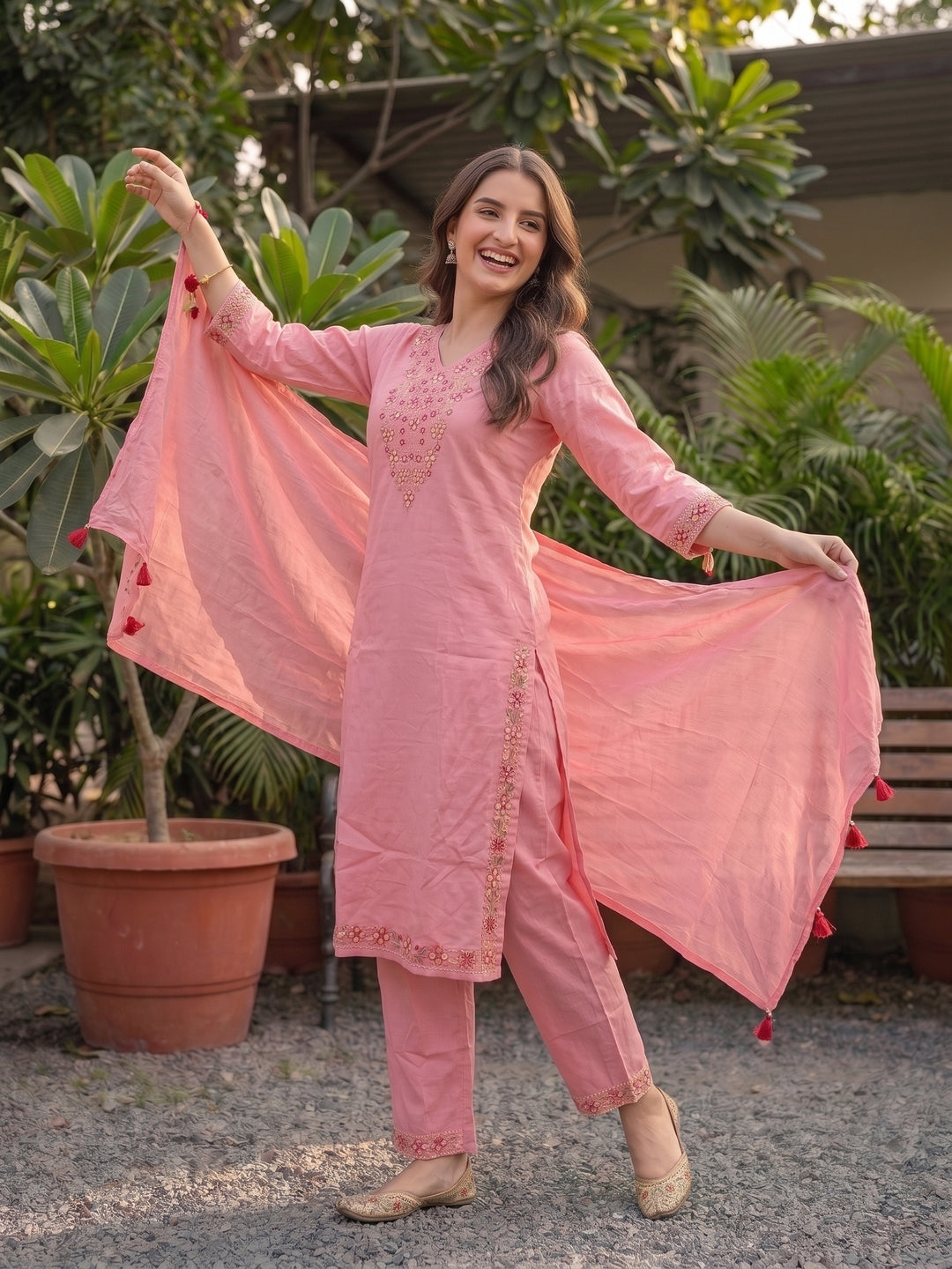 Solid Floral Embroidered Straight Kurta with Palazzo & Dupatta - Pink