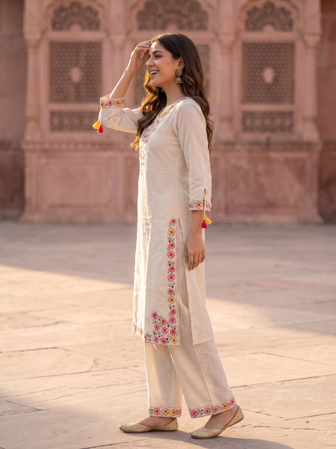 Solid Floral Embroidered Straight Kurta with Palazzo & Dupatta - Off White