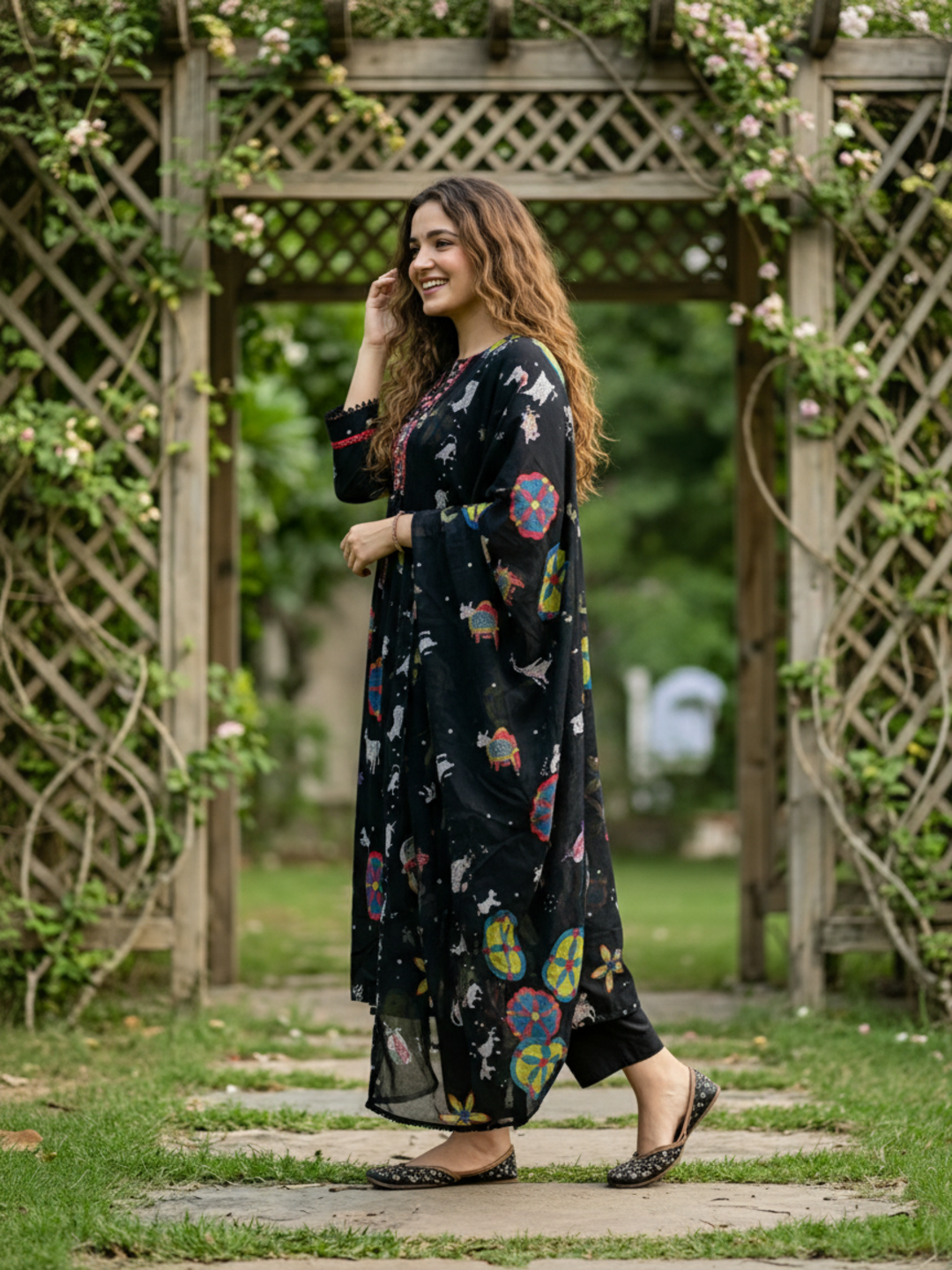 Folk Print Embroidered Straight Kurta with Pant and Dupatta - Black Multi