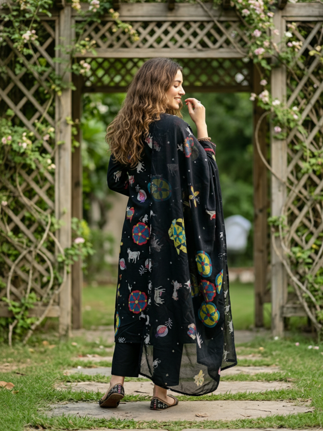 Folk Print Embroidered Straight Kurta with Pant and Dupatta - Black Multi