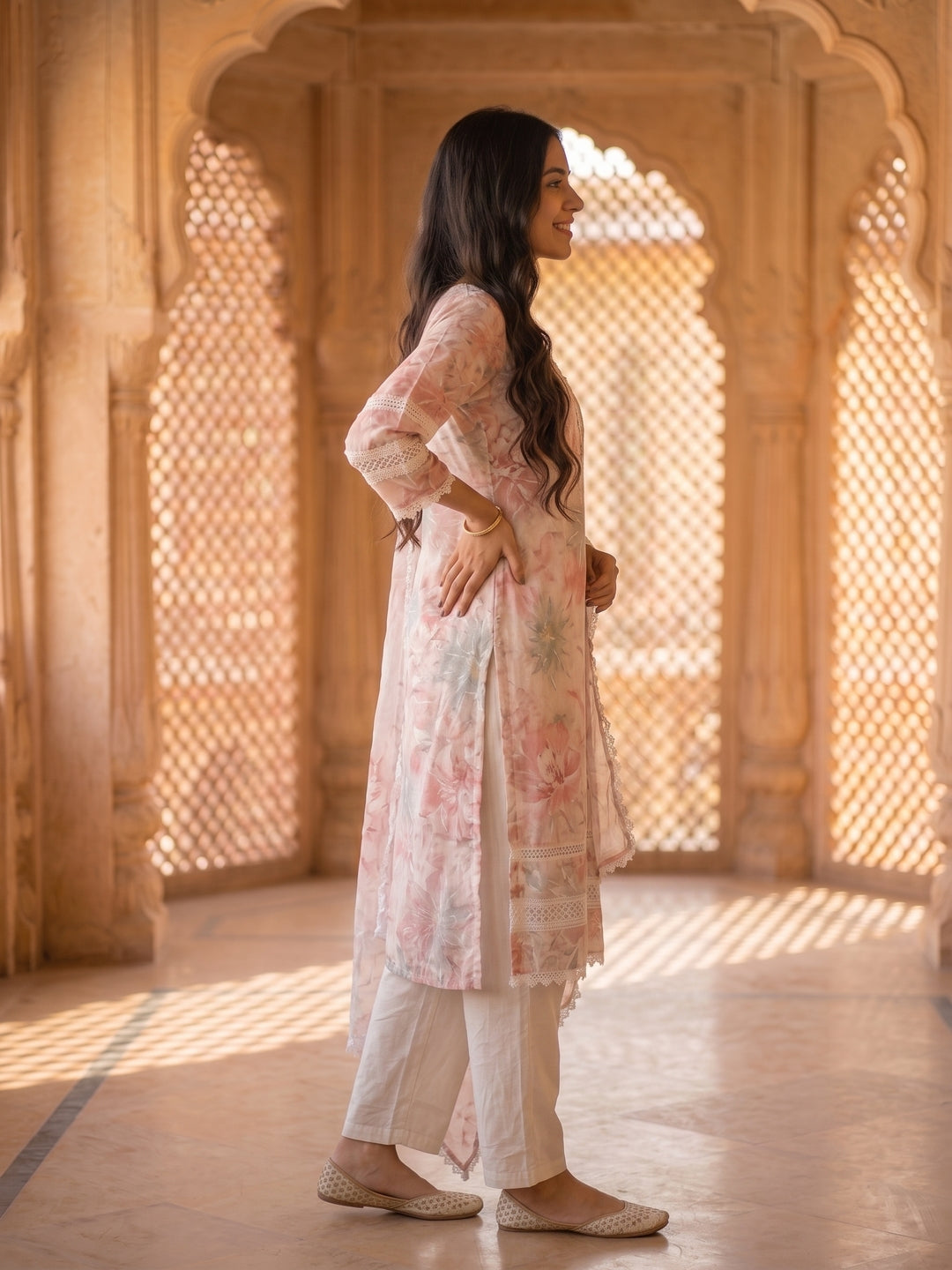 Floral Printed Straight Kurta with Pant & Hand Painted Dupatta - Pink