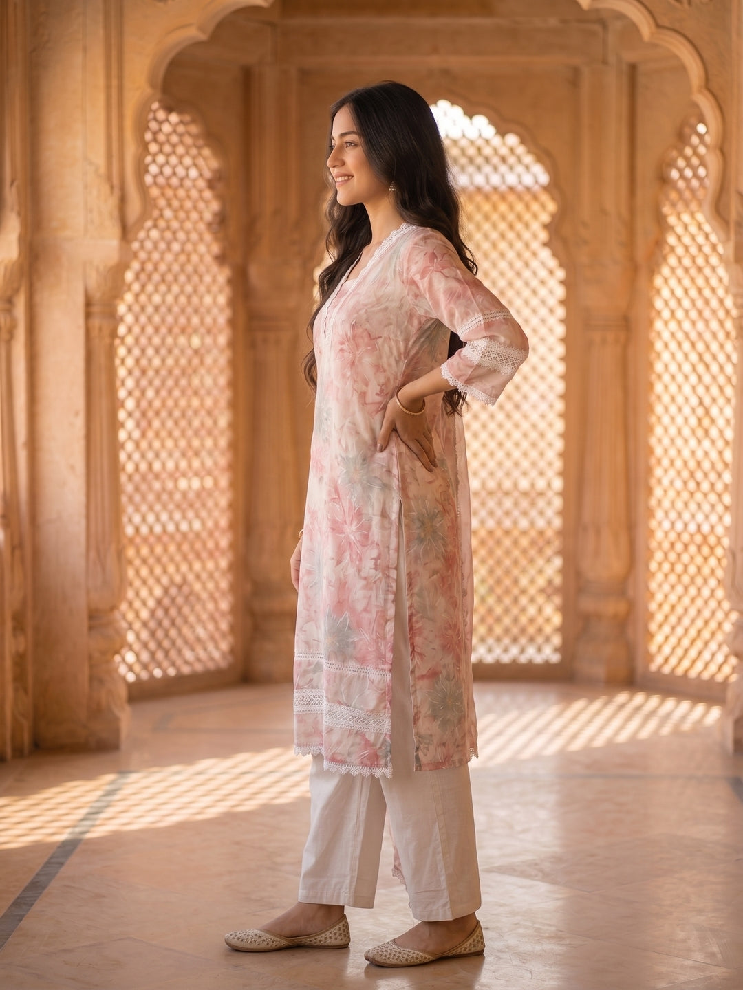 Floral Printed Straight Kurta with Pant & Hand Painted Dupatta - Pink