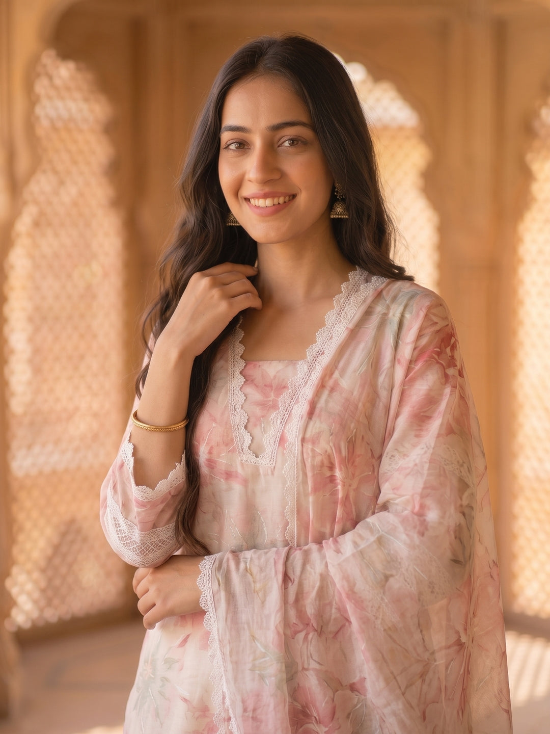 Floral Printed Straight Kurta with Pant & Hand Painted Dupatta - Pink
