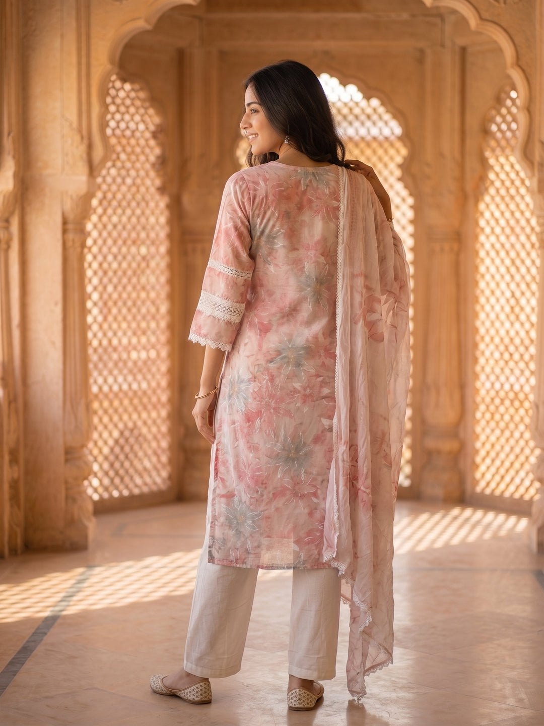 Floral Printed Straight Kurta with Pant & Hand Painted Dupatta - Pink