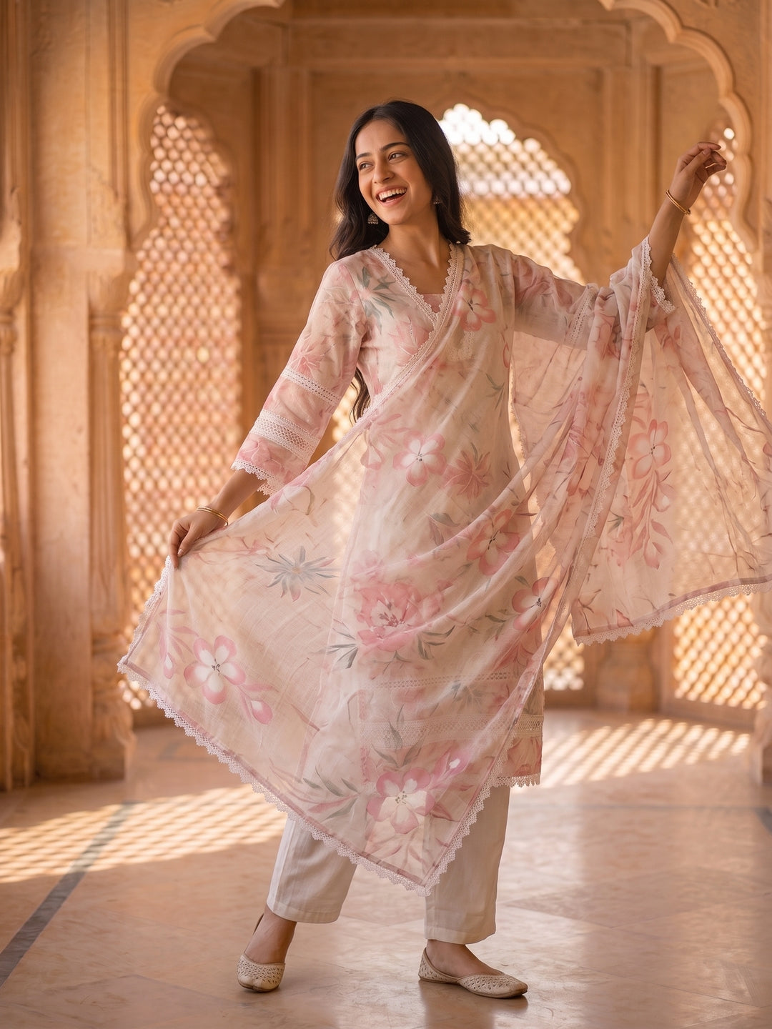Floral Printed Straight Kurta with Pant & Hand Painted Dupatta - Pink