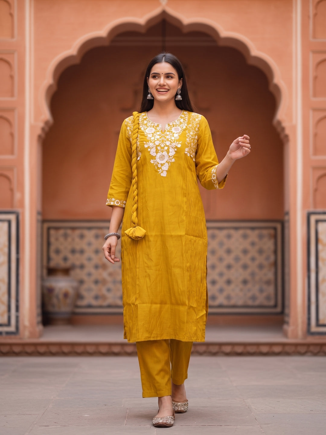 Solid Embroidered A-Line Kurta with Pant & Dupatta - Mustard