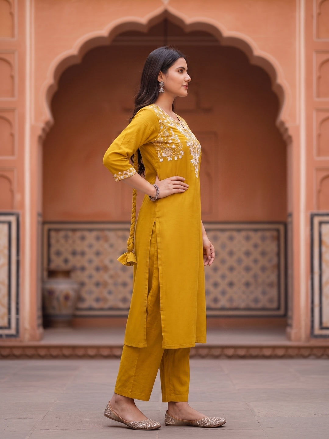 Solid Embroidered A-Line Kurta with Pant & Dupatta - Mustard