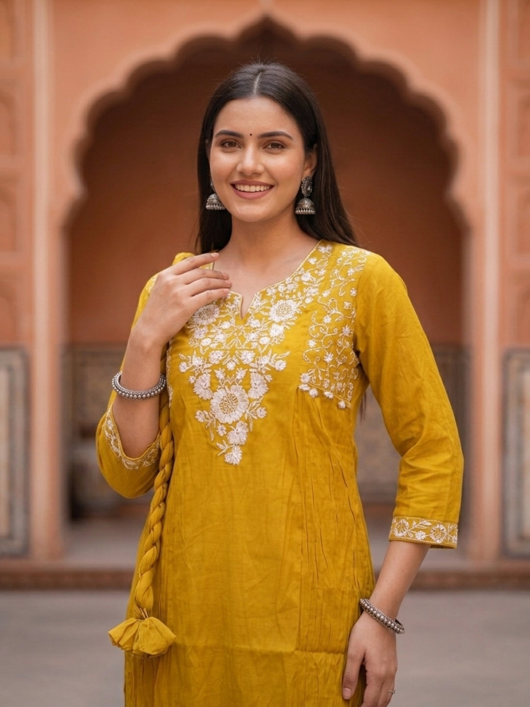 Solid Embroidered A-Line Kurta with Pant & Dupatta - Mustard