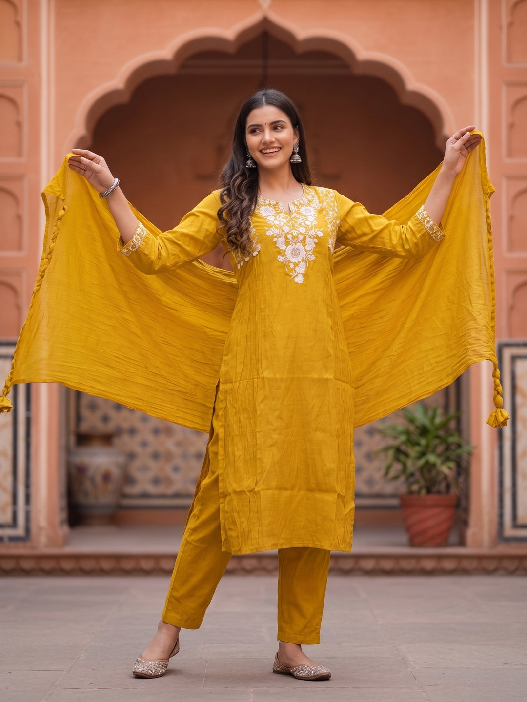 Solid Embroidered A-Line Kurta with Pant & Dupatta - Mustard