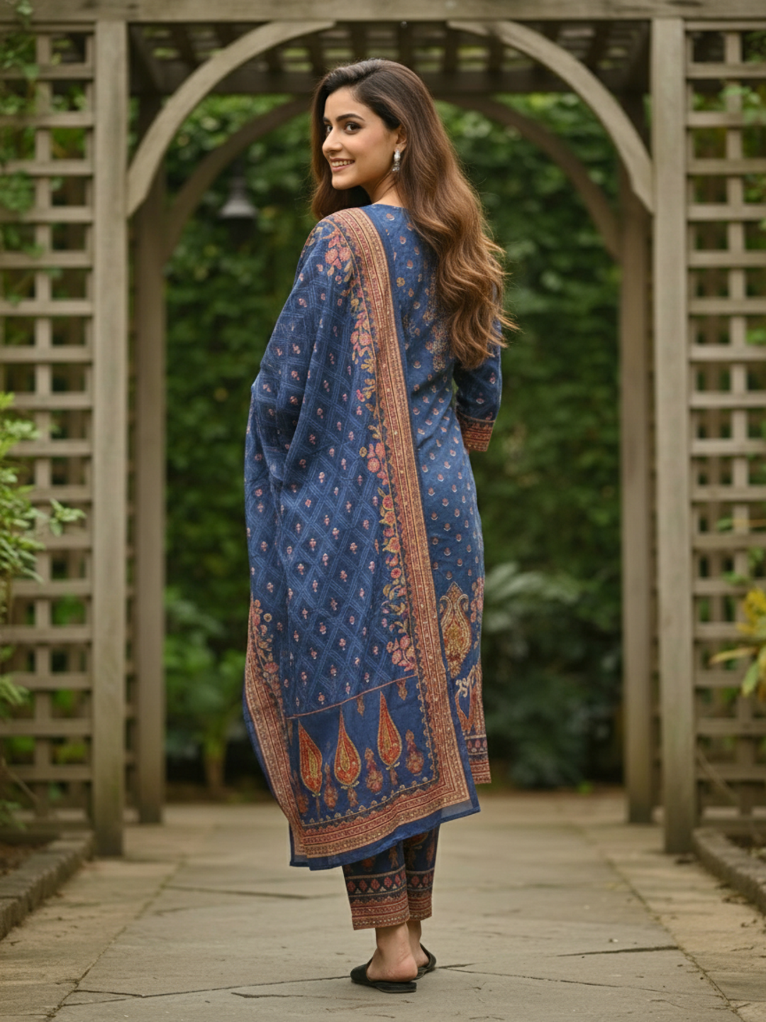 Ethnic Floral Printed Straight Kurta with Pant & Dupatta - Navy Blue