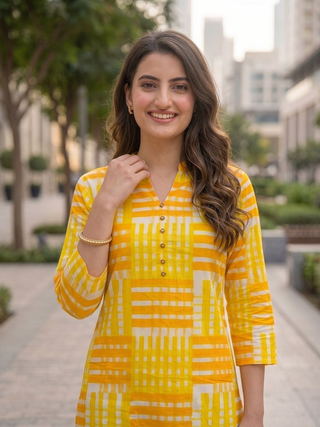 Geometric Print Straight Kurta with Pant - Yellow White
