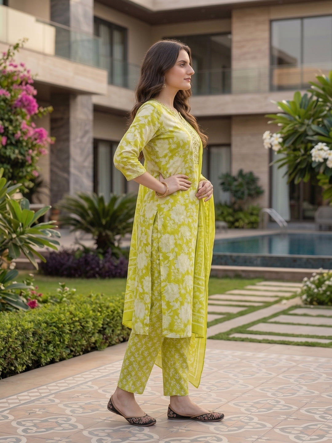 Ethnic Floral Printed Embroidered Straight Fit Kurta with Pant and Dupatta - Green