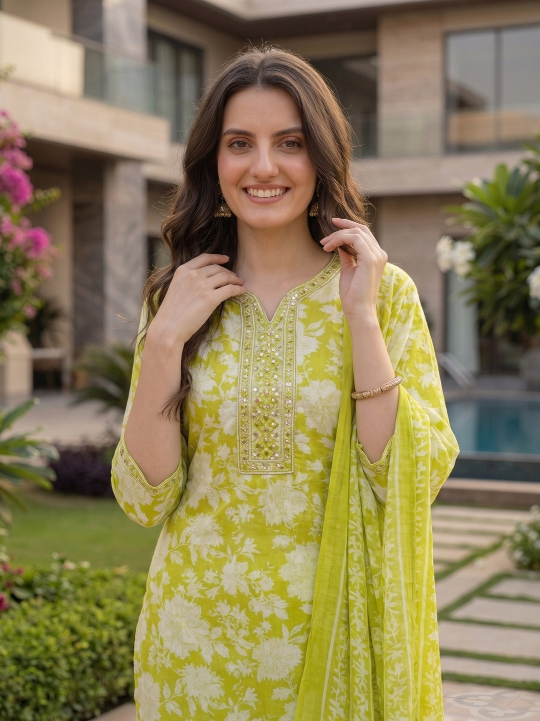 Ethnic Floral Printed Embroidered Straight Fit Kurta with Pant and Dupatta - Green