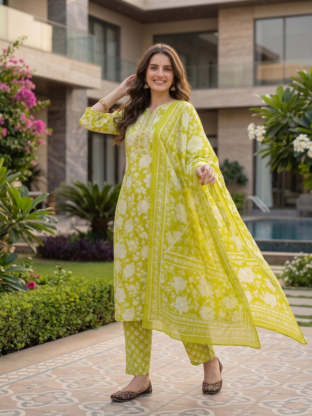 Ethnic Floral Printed Embroidered Straight Fit Kurta with Pant and Dupatta - Green