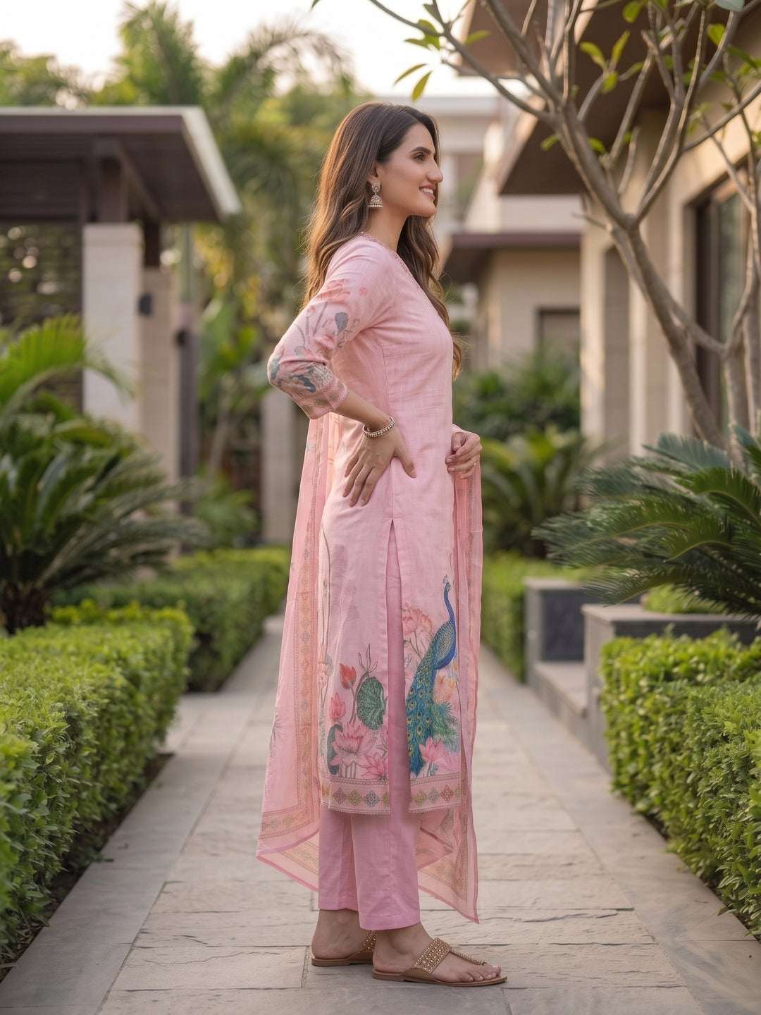 Floral & Peacock Digital Print Straight Kurta with Pant and Dupatta - Blush Pink