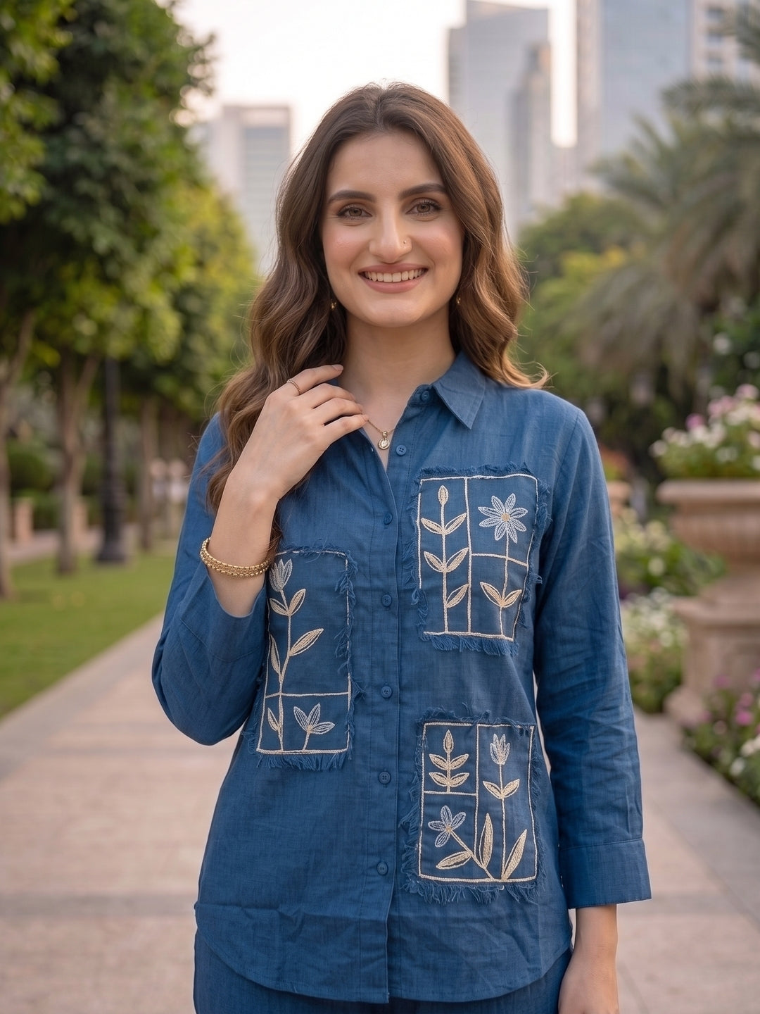 Solid Embroidered Straight Shirt Co-ord Set with Pyjama - Navy Blue