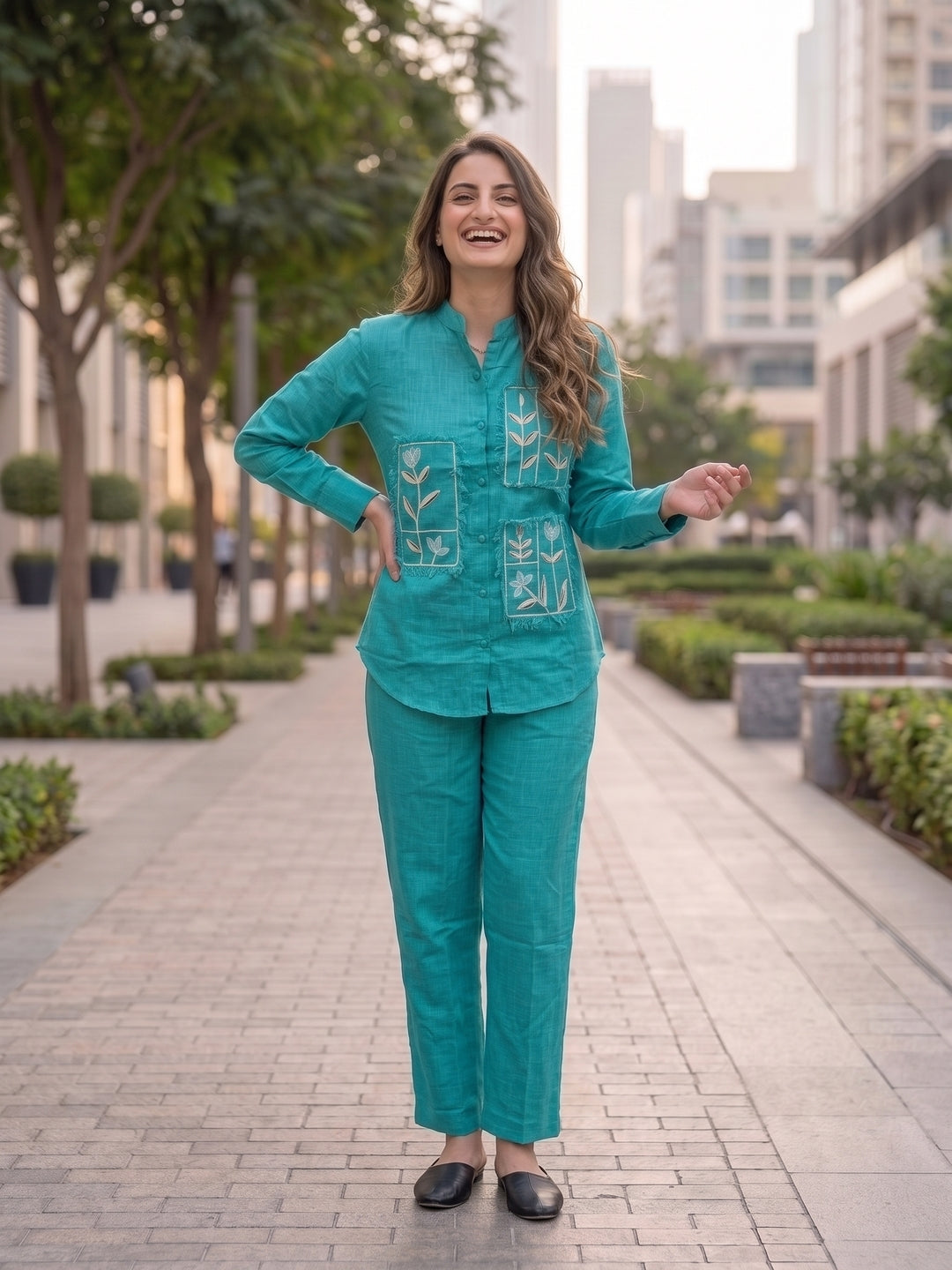 Solid Embroidered Straight Shirt Co-ord Set with Pyjama - Turquoise Blue