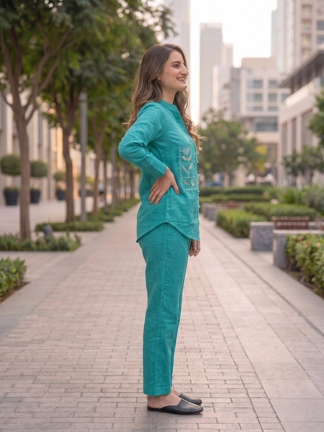 Solid Embroidered Straight Shirt Co-ord Set with Pyjama - Turquoise Blue