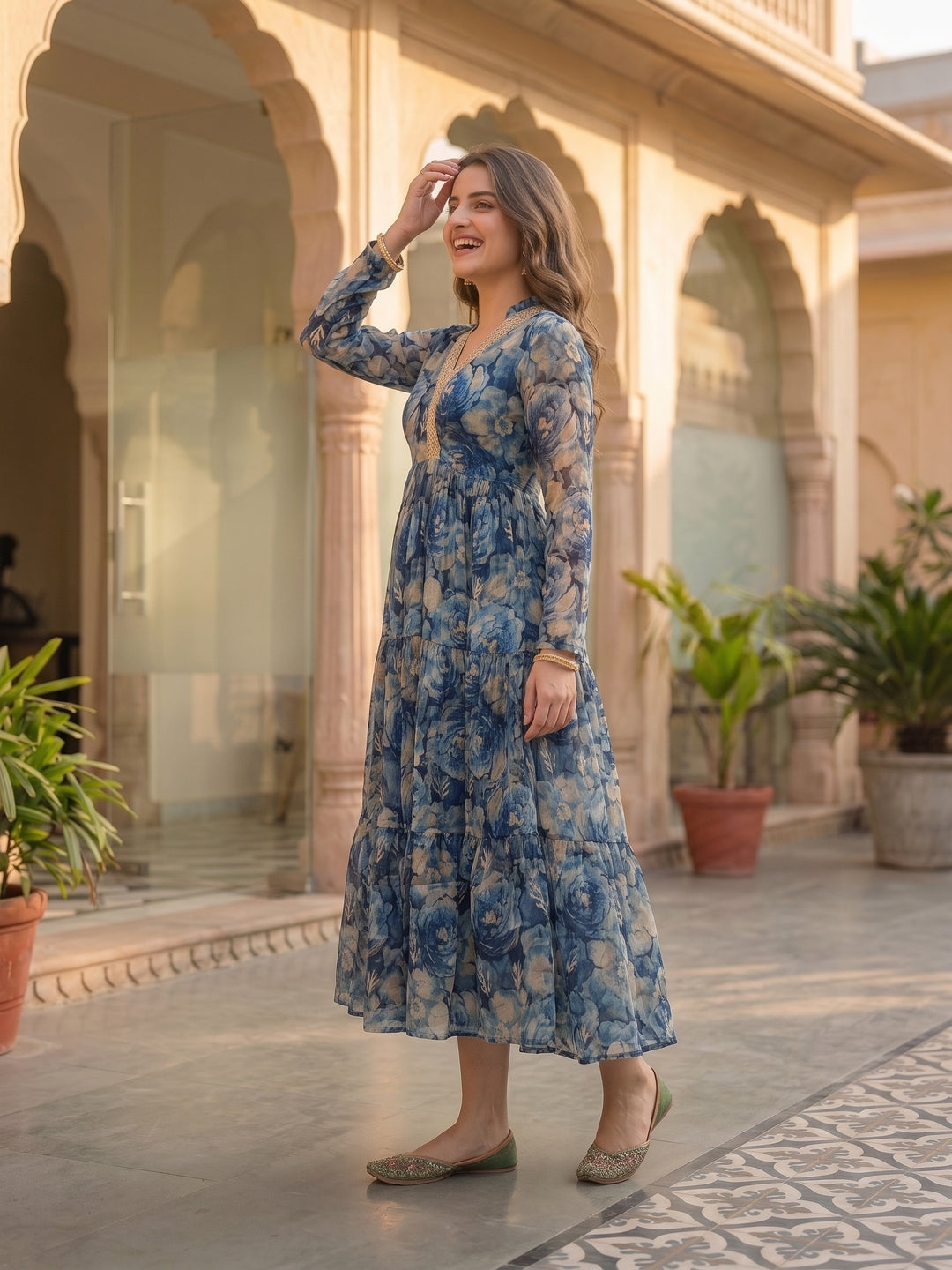 Abstract Floral Foil Printed A-Line Pleated Maxi Dress - Blue
