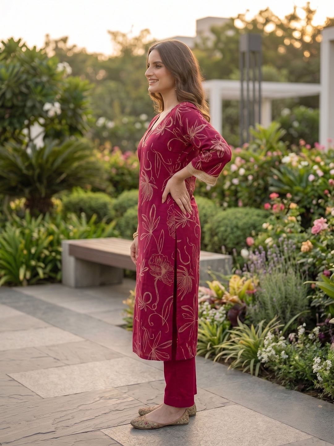 Abstract Floral Printed Straight Fit Kurta with Palazzo - Burgundy