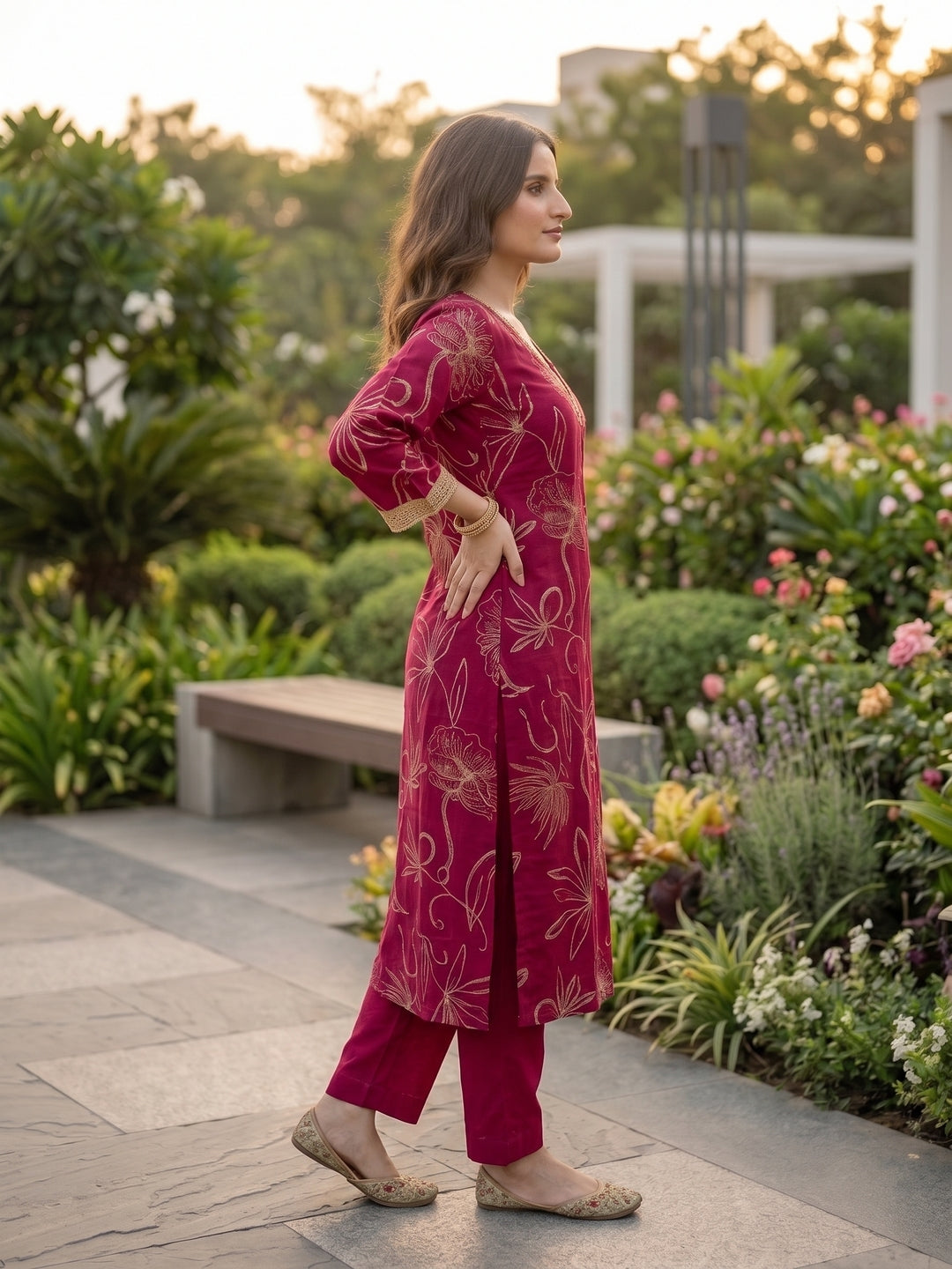 Abstract Floral Printed Straight Fit Kurta with Palazzo - Burgundy