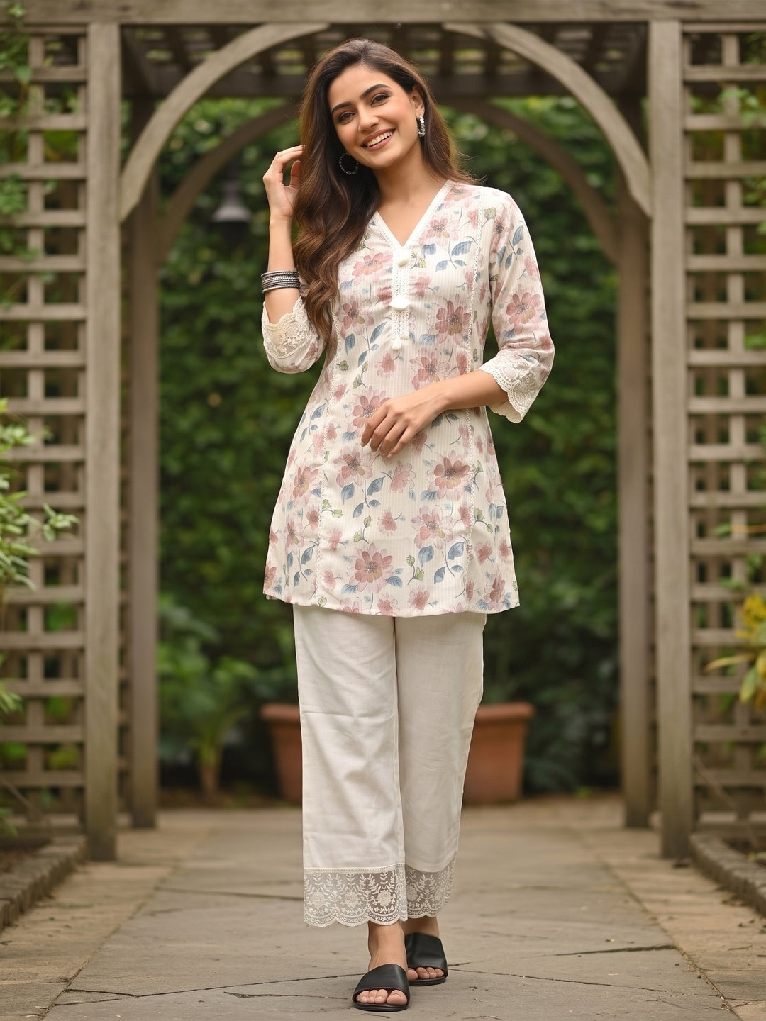 Floral Printed Mirror Work A-Line Co-ord Set - Cream