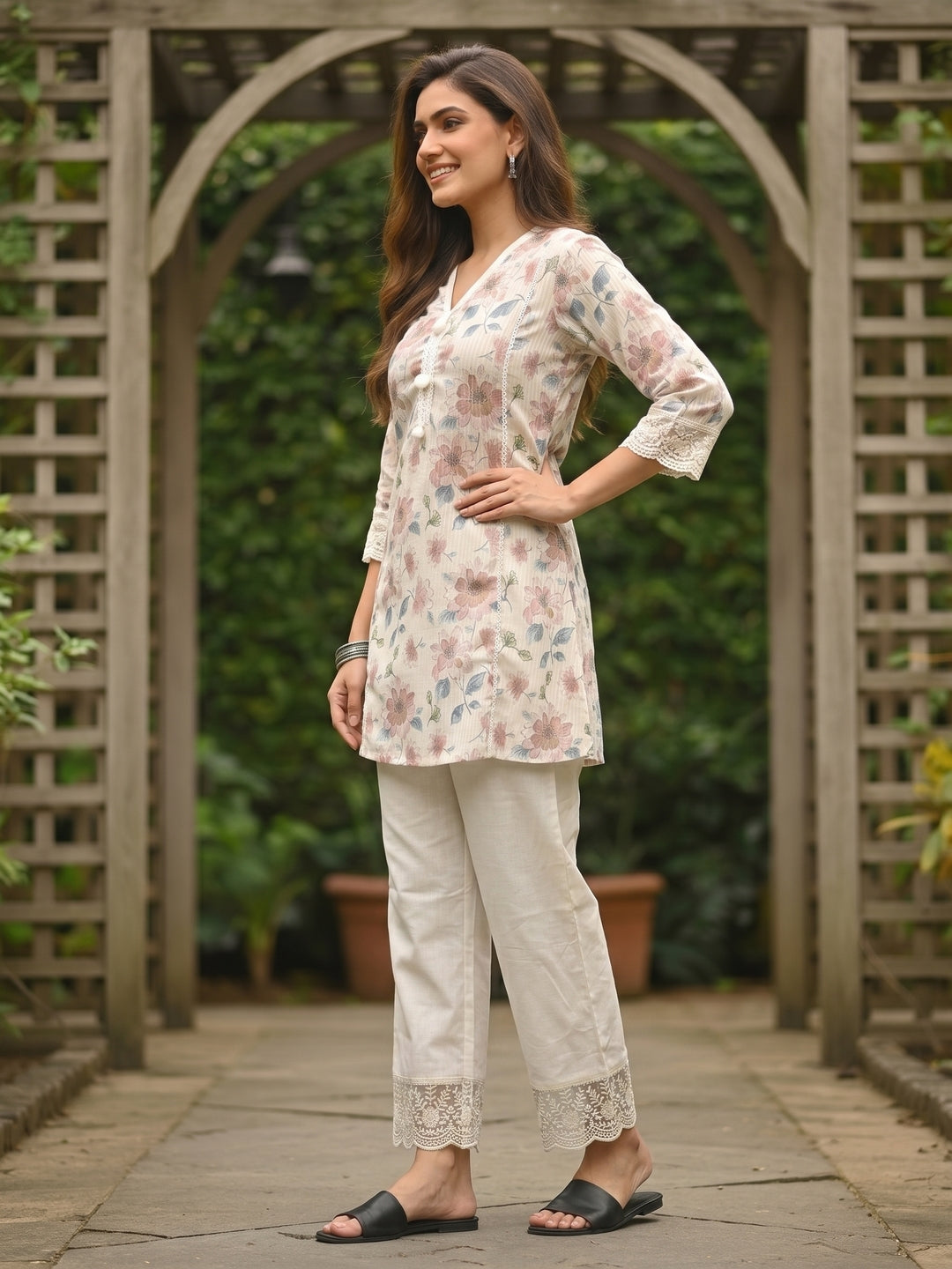 Floral Printed Mirror Work A-Line Co-ord Set - Cream