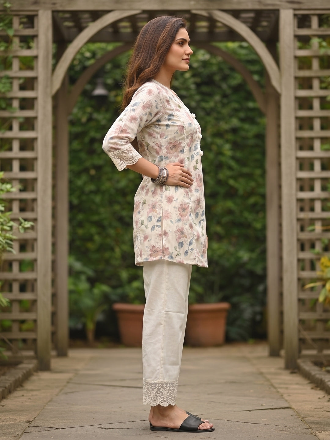 Floral Printed Mirror Work A-Line Co-ord Set - Cream