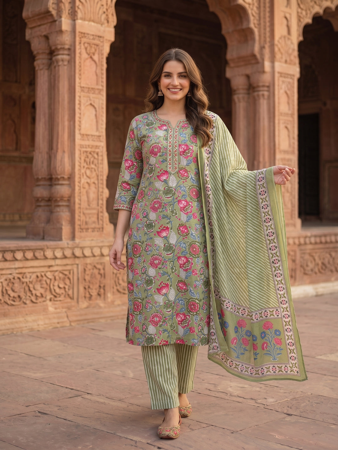 Floral Printed Mirror Embroidered Straight Kurta with Pant & Dupatta - Green