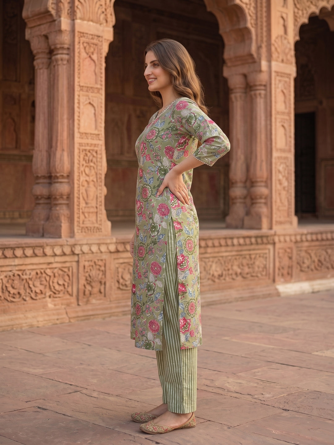 Floral Printed Mirror Embroidered Straight Kurta with Pant & Dupatta - Green