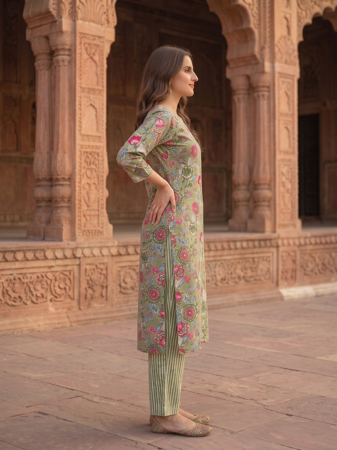 Floral Printed Mirror Embroidered Straight Kurta with Pant & Dupatta - Green