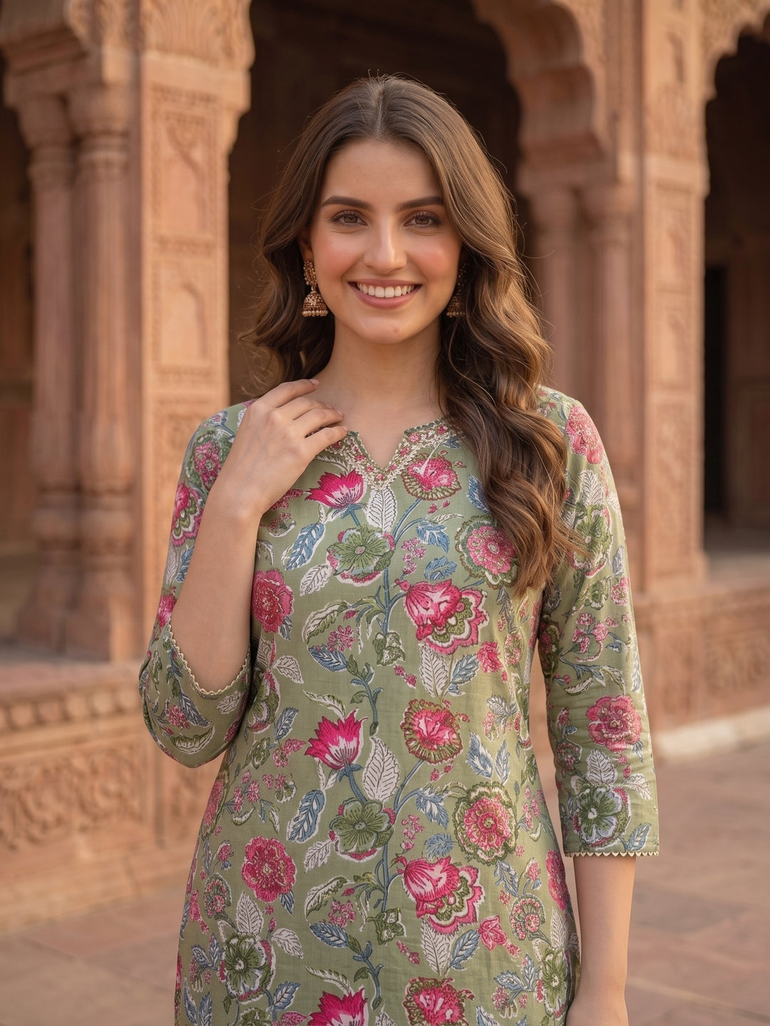 Floral Printed Mirror Embroidered Straight Kurta with Pant & Dupatta - Green