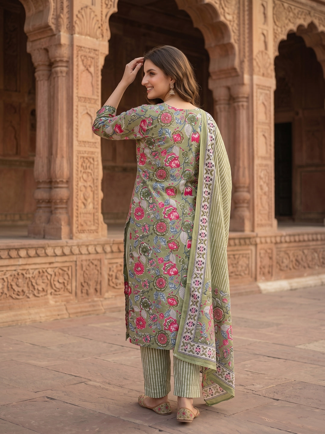 Floral Printed Mirror Embroidered Straight Kurta with Pant & Dupatta - Green
