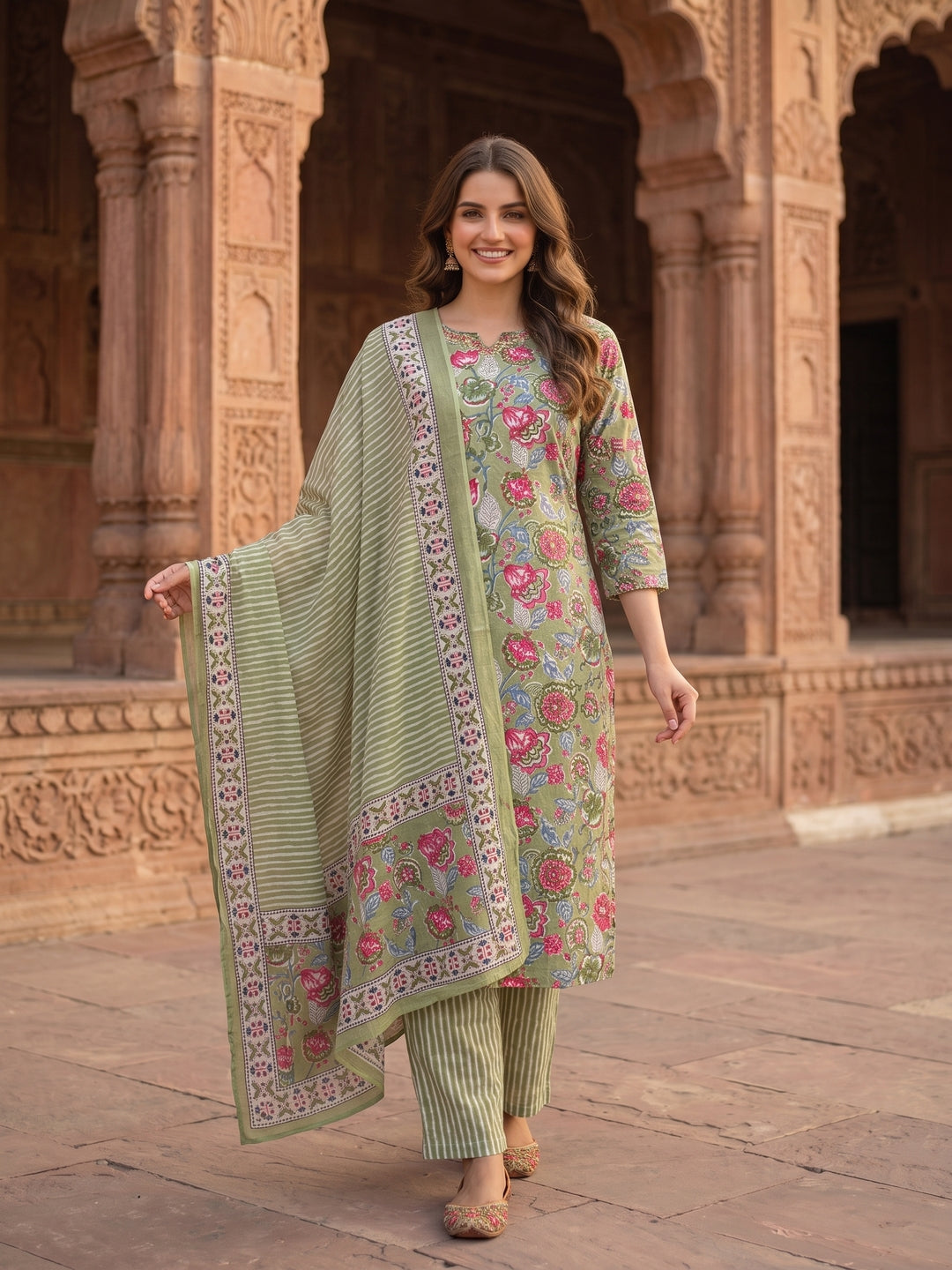 Floral Printed Mirror Embroidered Straight Kurta with Pant & Dupatta - Green