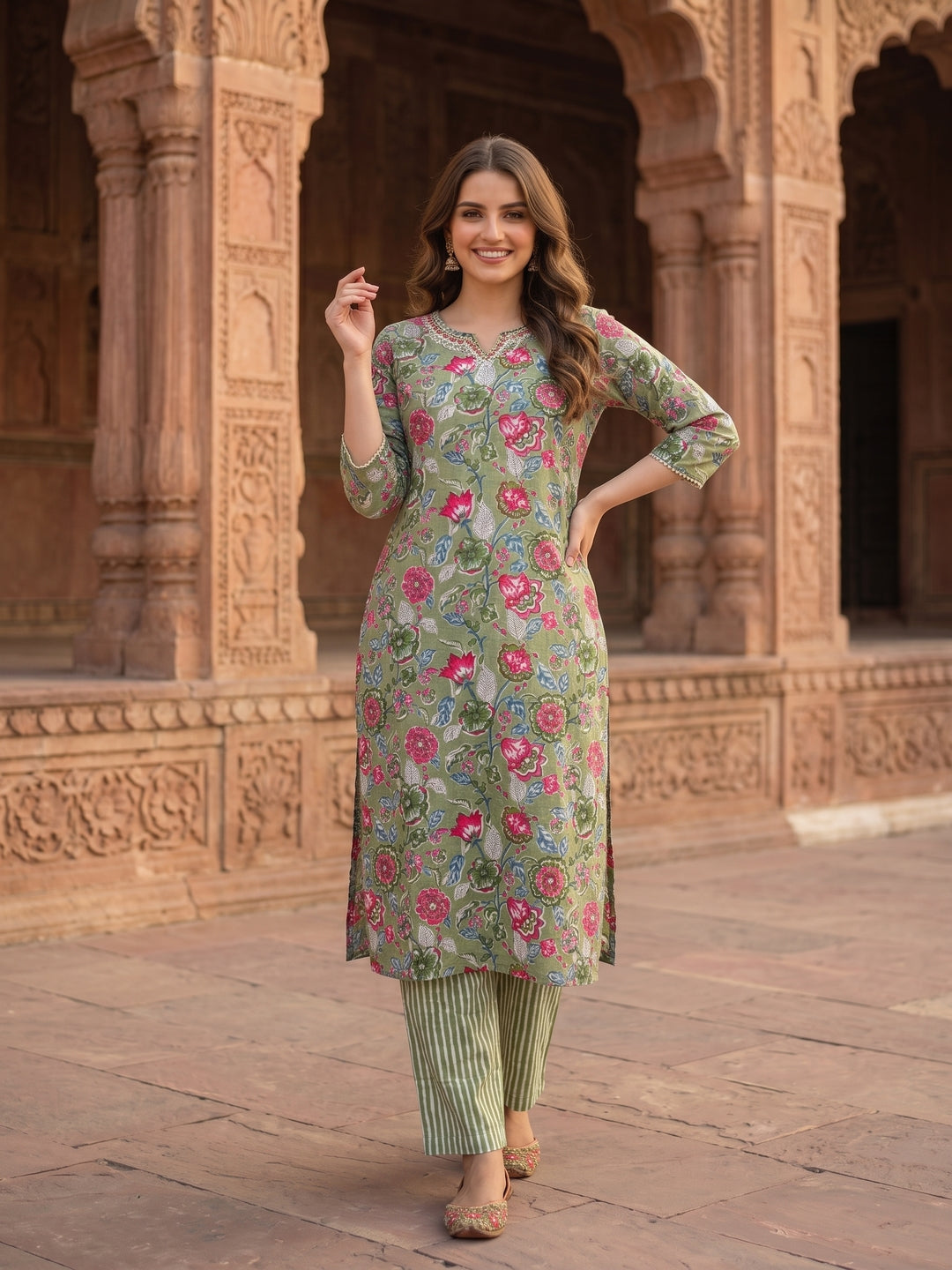 Floral Printed Mirror Embroidered Straight Kurta with Pant & Dupatta - Green