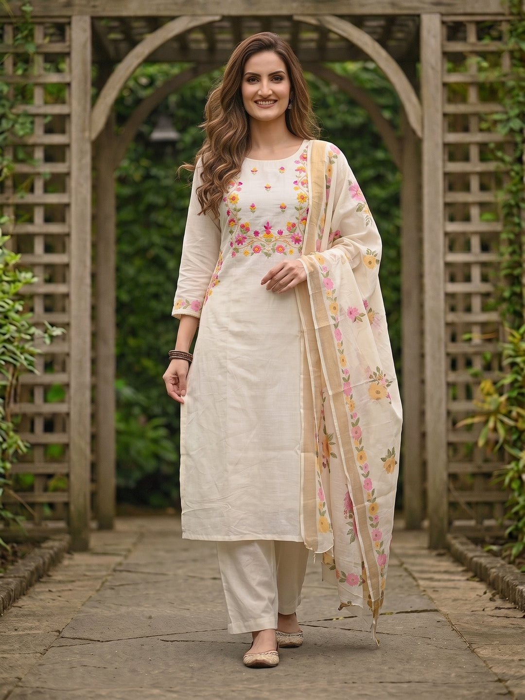 Solid Floral Hand Embroidered Straight Kurta with Pant & Dupatta - Off White