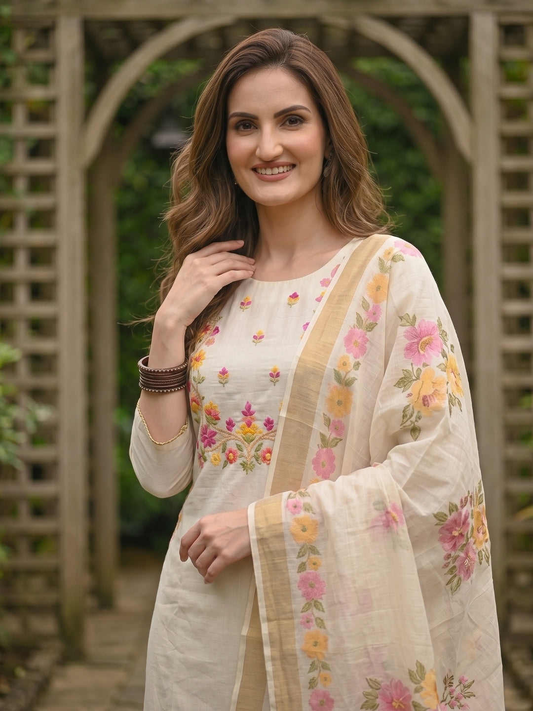 Solid Floral Hand Embroidered Straight Kurta with Pant & Dupatta - Off White