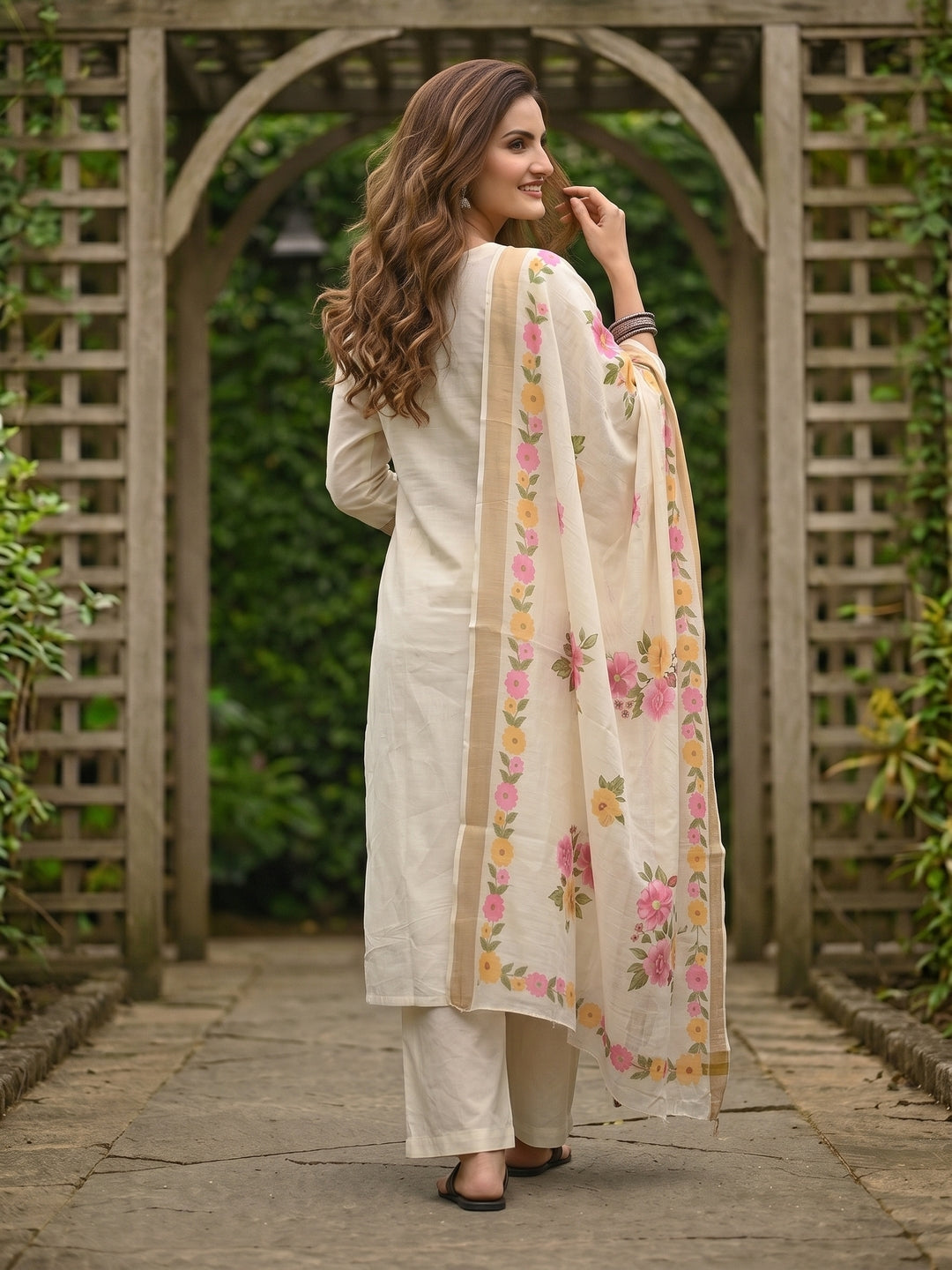 Solid Floral Hand Embroidered Straight Kurta with Pant & Dupatta - Off White