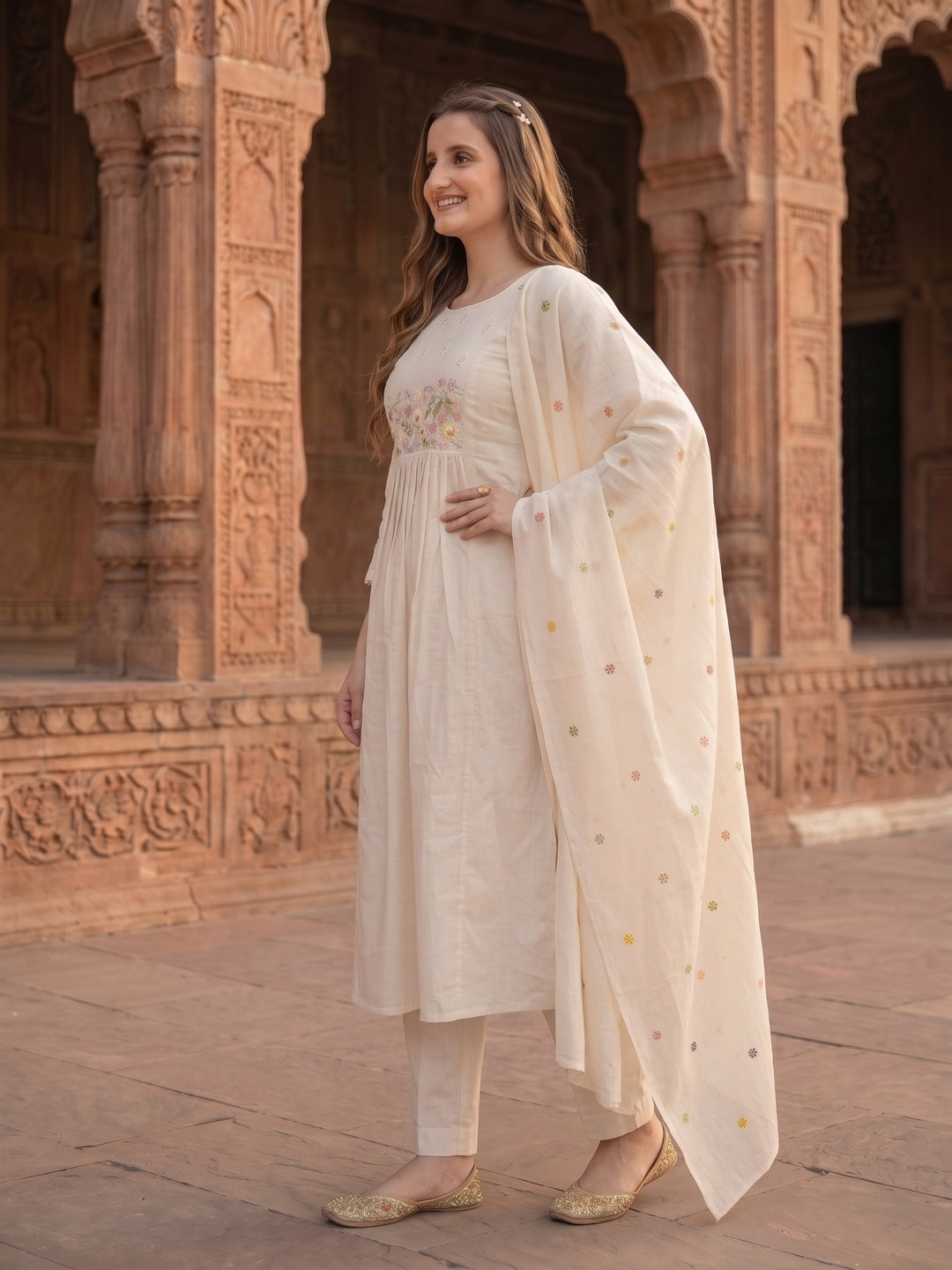 Solid Floral Hand Embroidered A-Line Kurta with Pant & Embroidered Dupatta - Off White