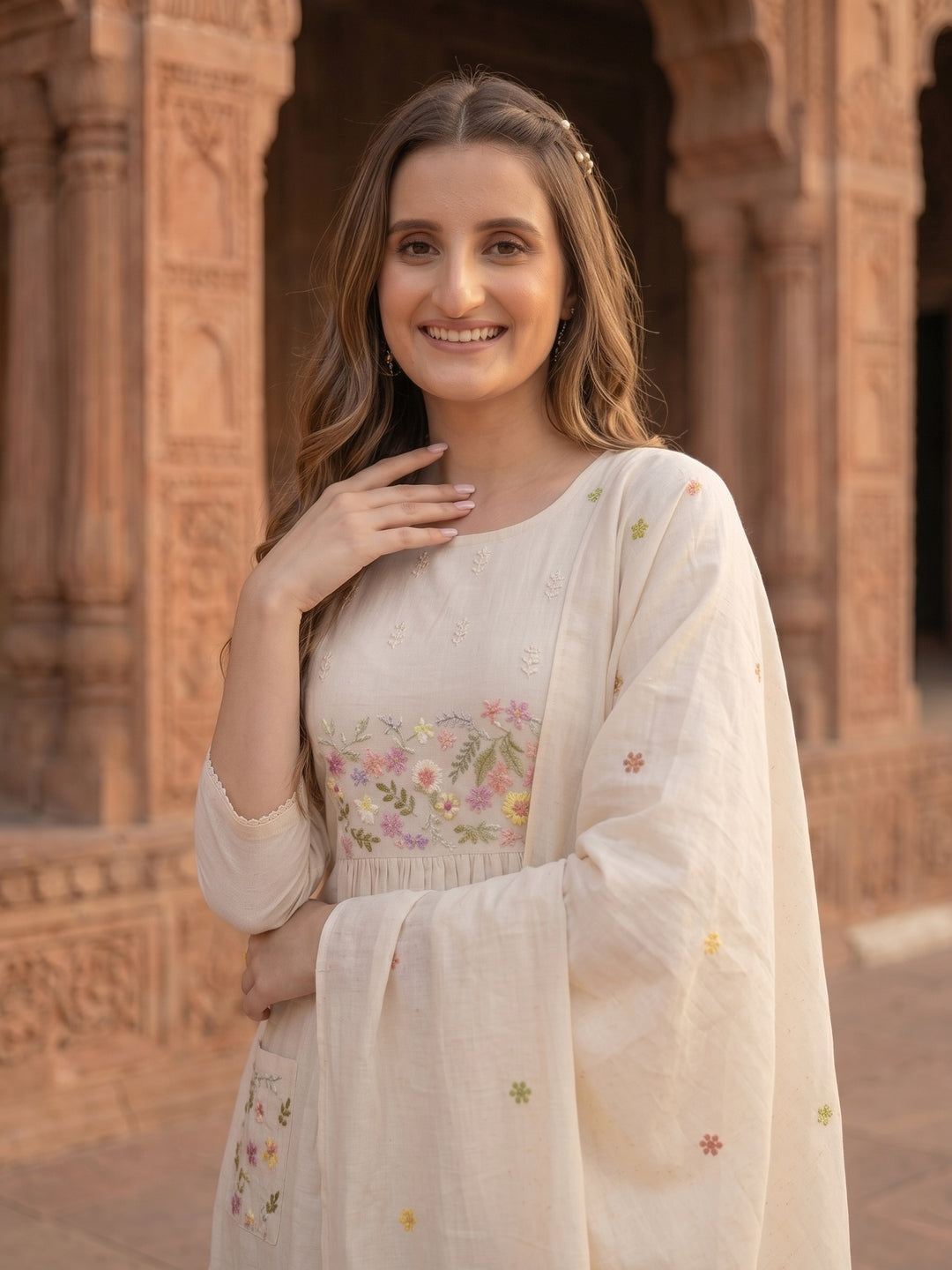 Solid Floral Hand Embroidered A-Line Kurta with Pant & Embroidered Dupatta - Off White