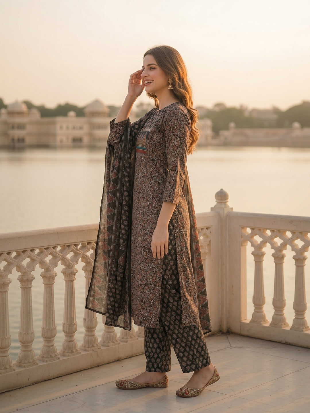 Ethnic Printed Embroidered Straight Fit Kurta with Pant and Dupatta - Black