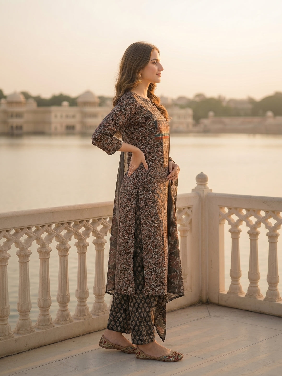 Ethnic Printed Embroidered Straight Fit Kurta with Pant and Dupatta - Black