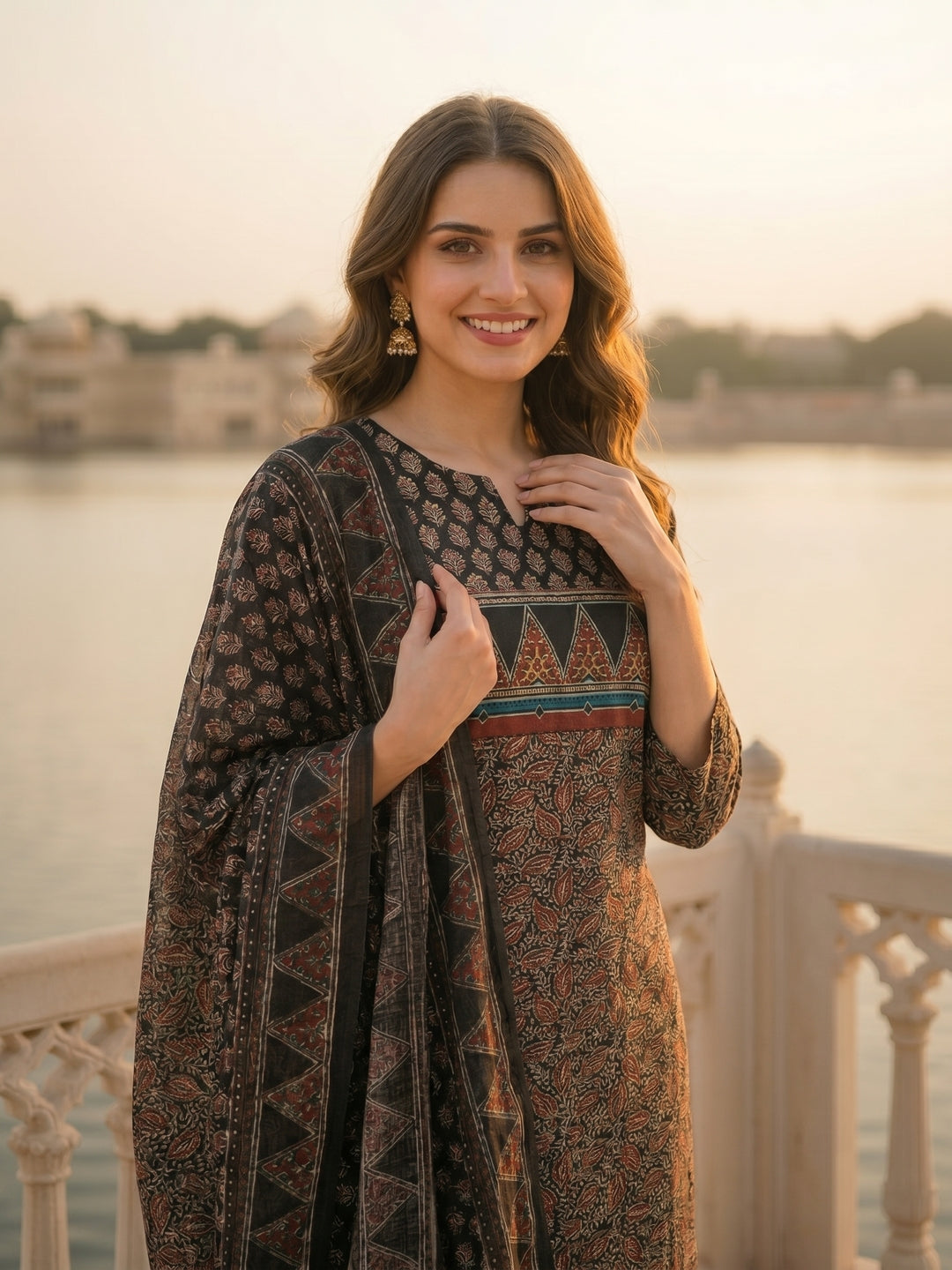 Ethnic Printed Embroidered Straight Fit Kurta with Pant and Dupatta - Black