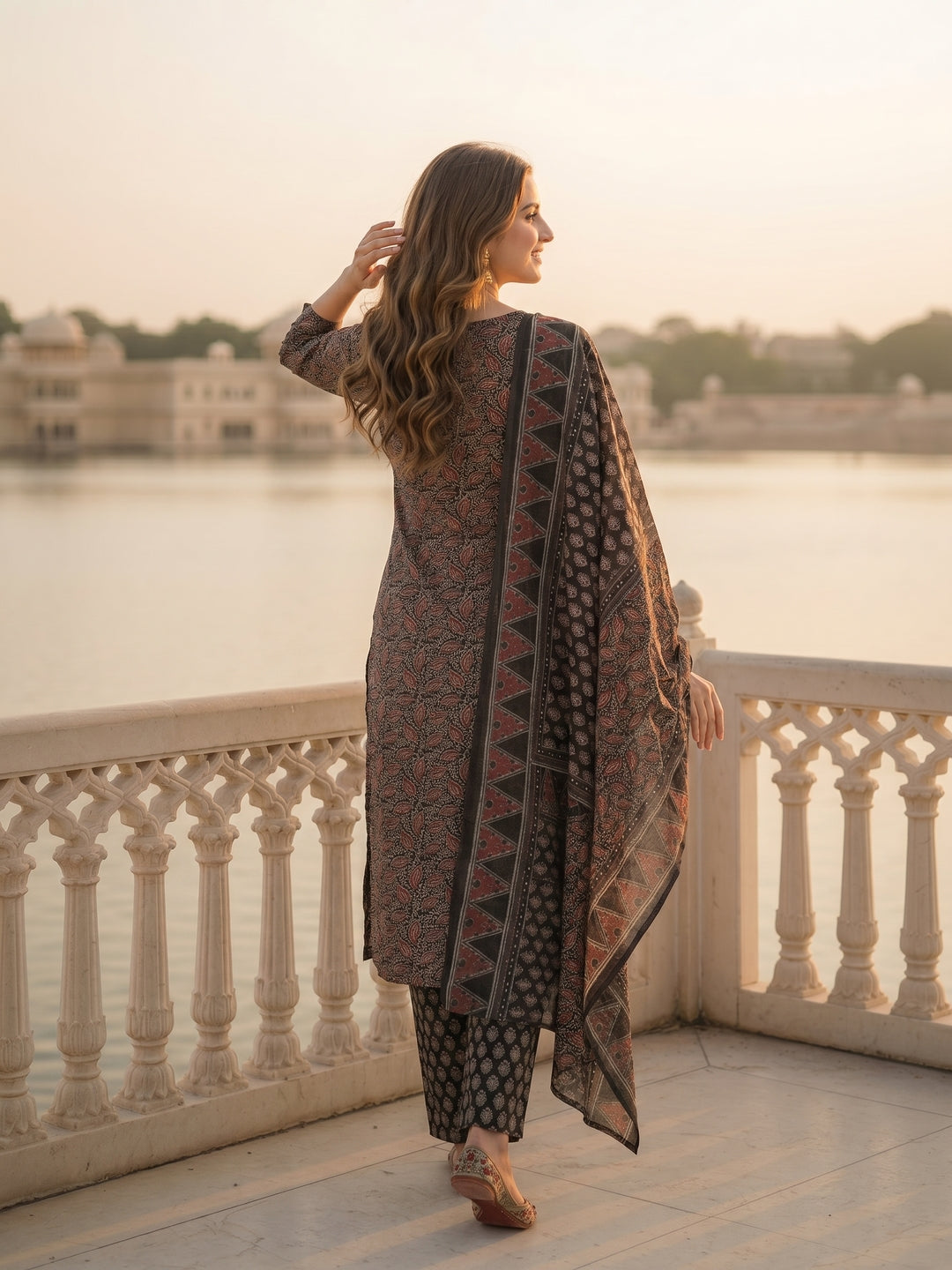 Ethnic Printed Embroidered Straight Fit Kurta with Pant and Dupatta - Black