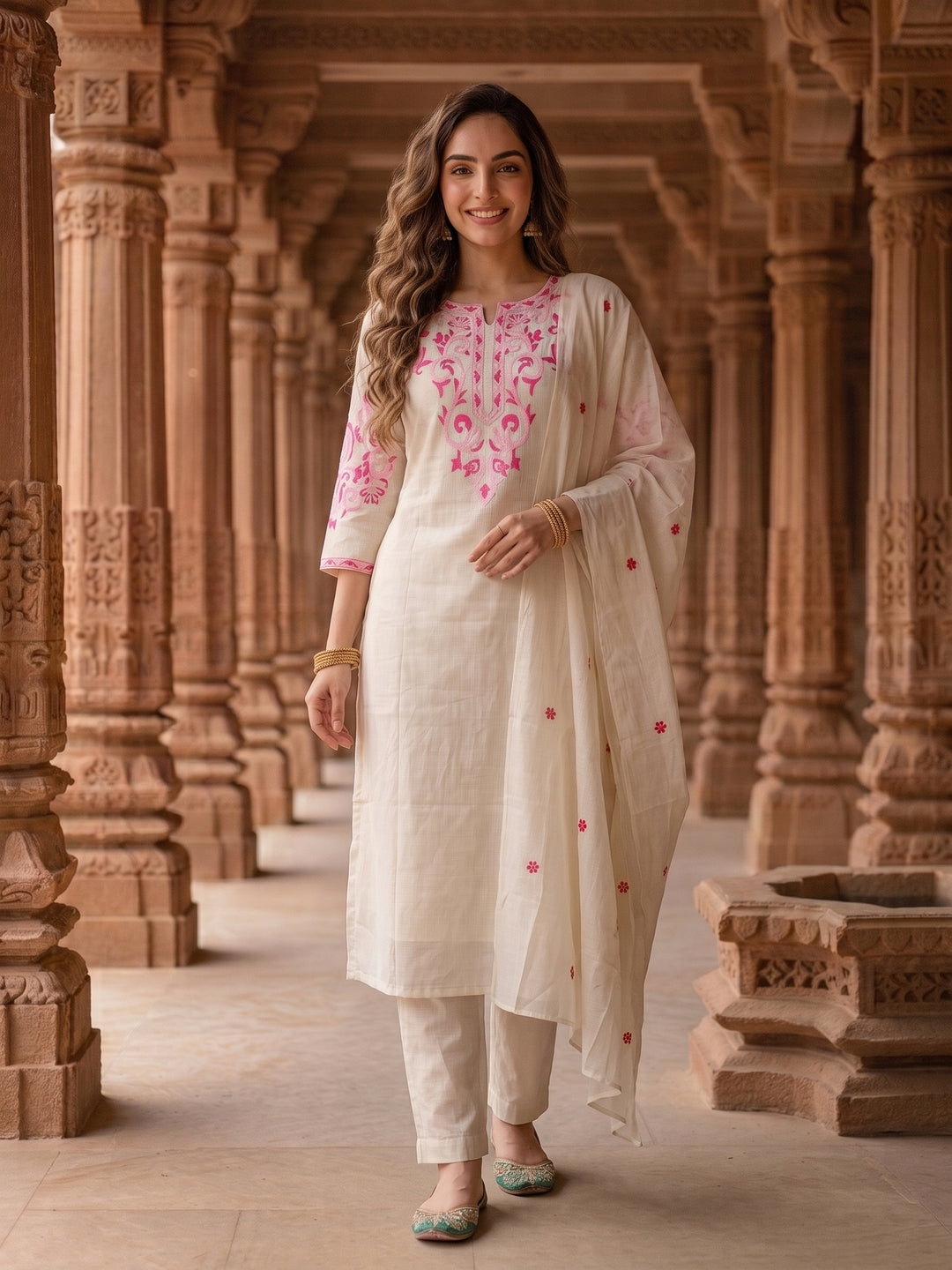 Solid Floral Hand Embroidered Straight Kurta with Pant & Embroidered Dupatta - Off White