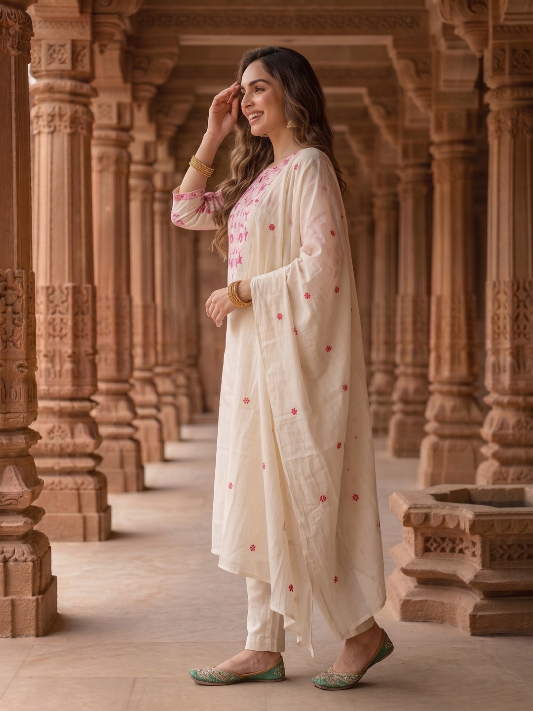 Solid Floral Hand Embroidered Straight Kurta with Pant & Embroidered Dupatta - Off White