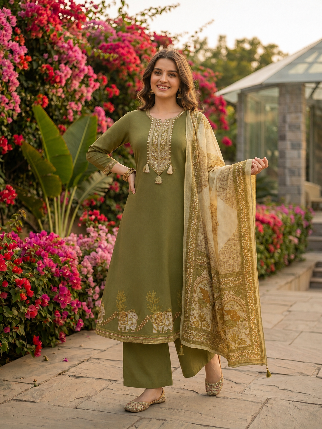Solid Mirror Embroidered A-Line Kurta with Palazzo and Dupatta - Olive Green