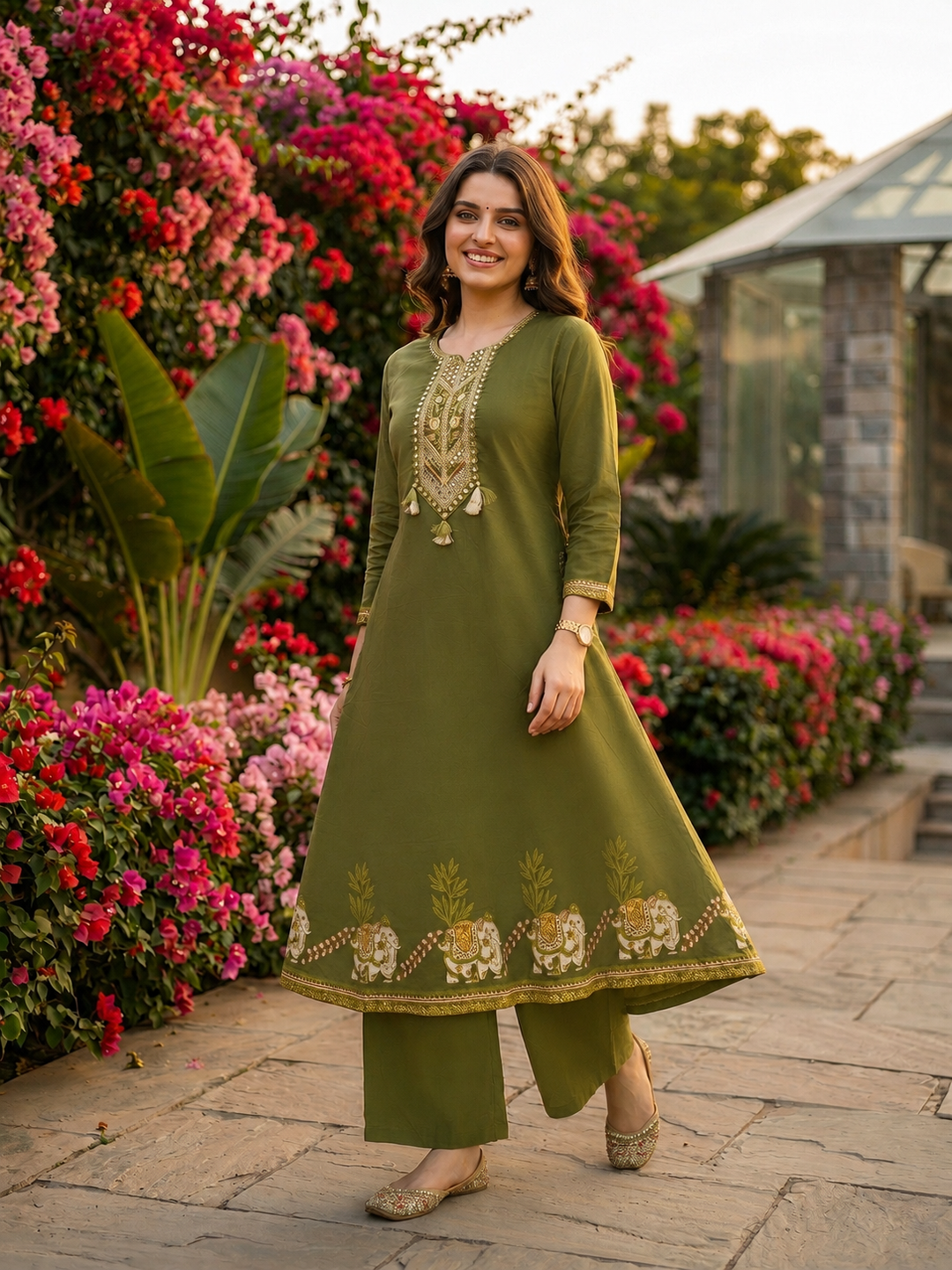Solid Mirror Embroidered A-Line Kurta with Palazzo and Dupatta - Olive Green