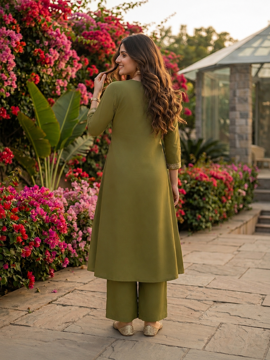 Solid Mirror Embroidered A-Line Kurta with Palazzo and Dupatta - Olive Green